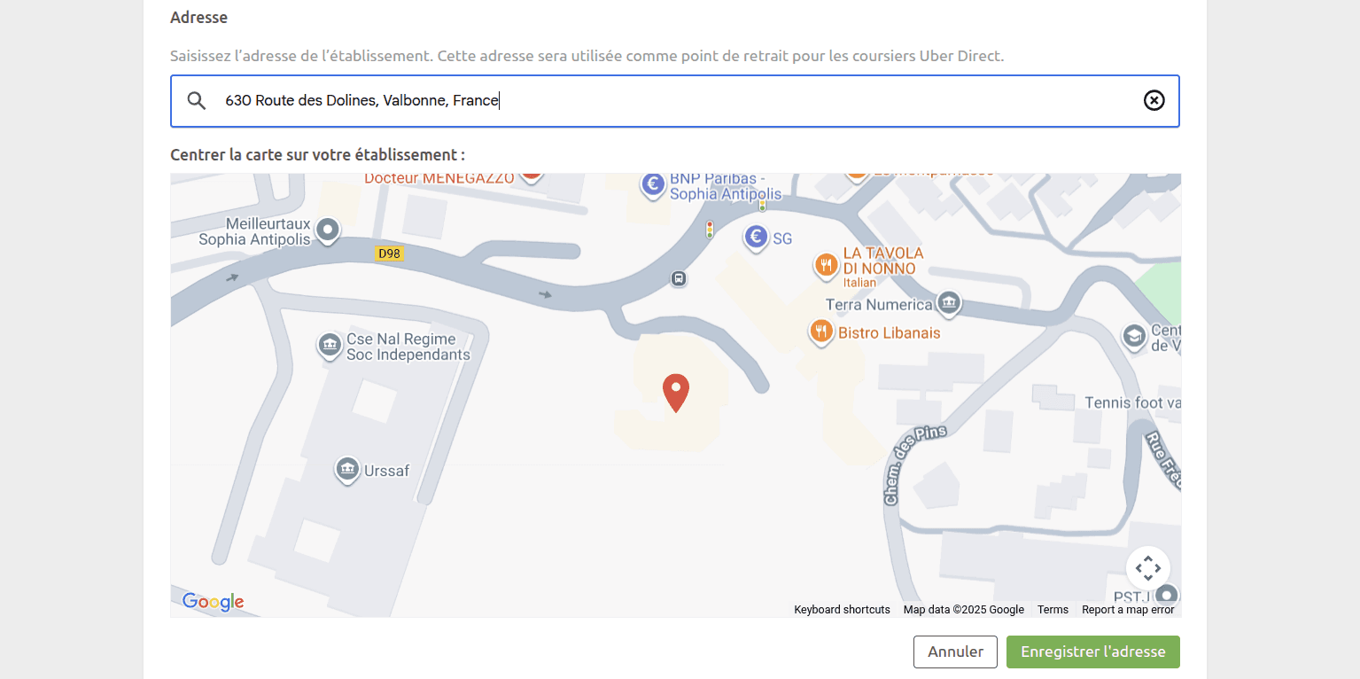 Page de configuration Uber Direct Bridge, section Modifier l'adresse