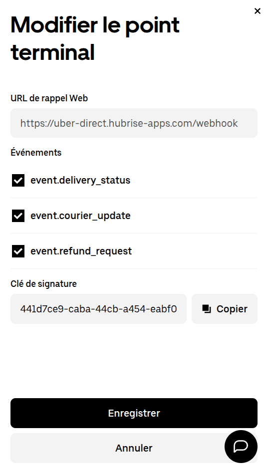 Clé de signature du crochet Web Uber Direct