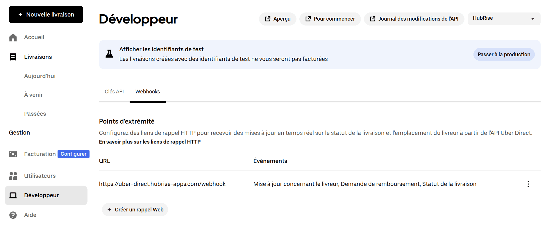 Configuration du crochet Web Uber Direct