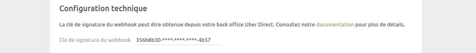 Page de configuration Uber Direct Bridge, section Configuration technique