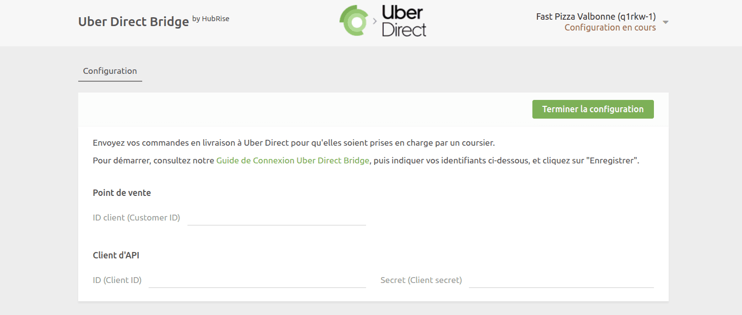 Page de connexion à Uber Direct Bridge