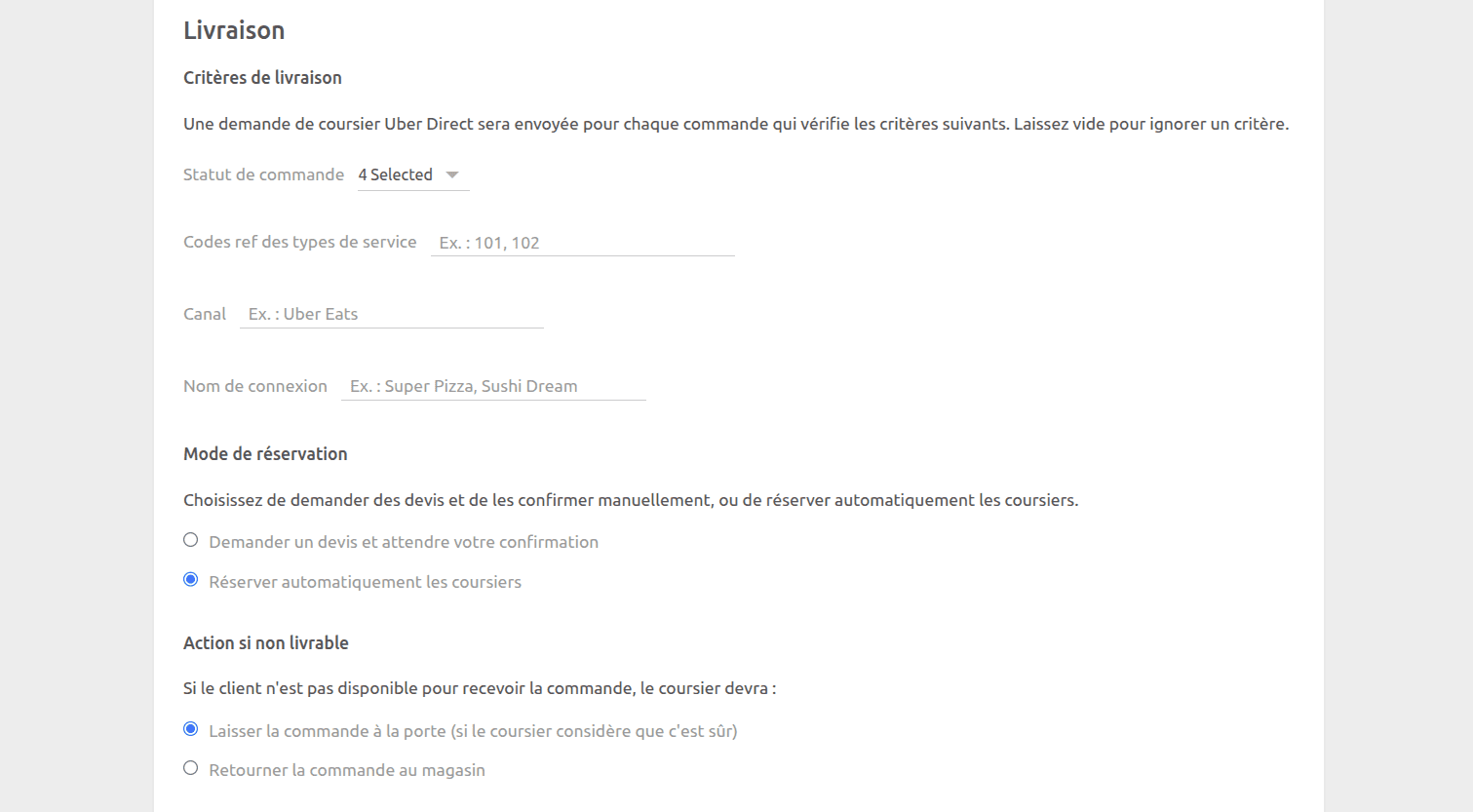 Page de configuration Uber Direct Bridge, section Livraison