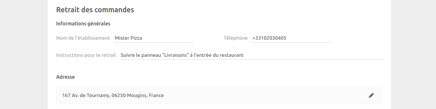 Page de configuration Uber Direct Bridge, section Retrait des commandes