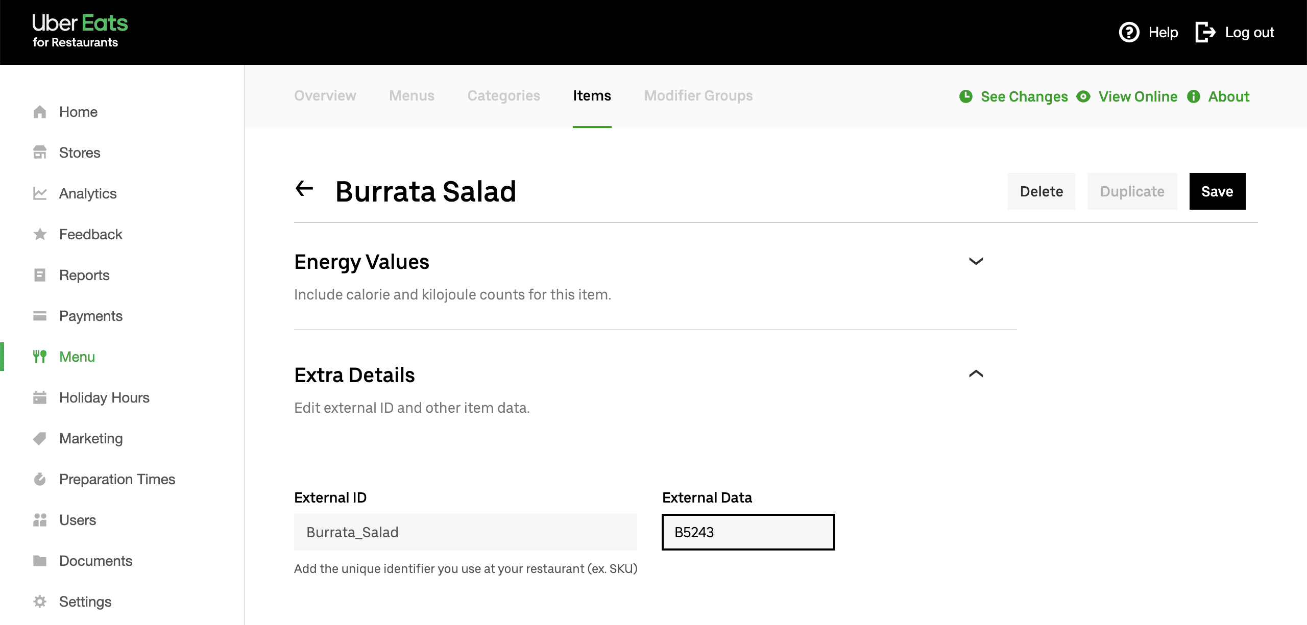 Uber Eats item page