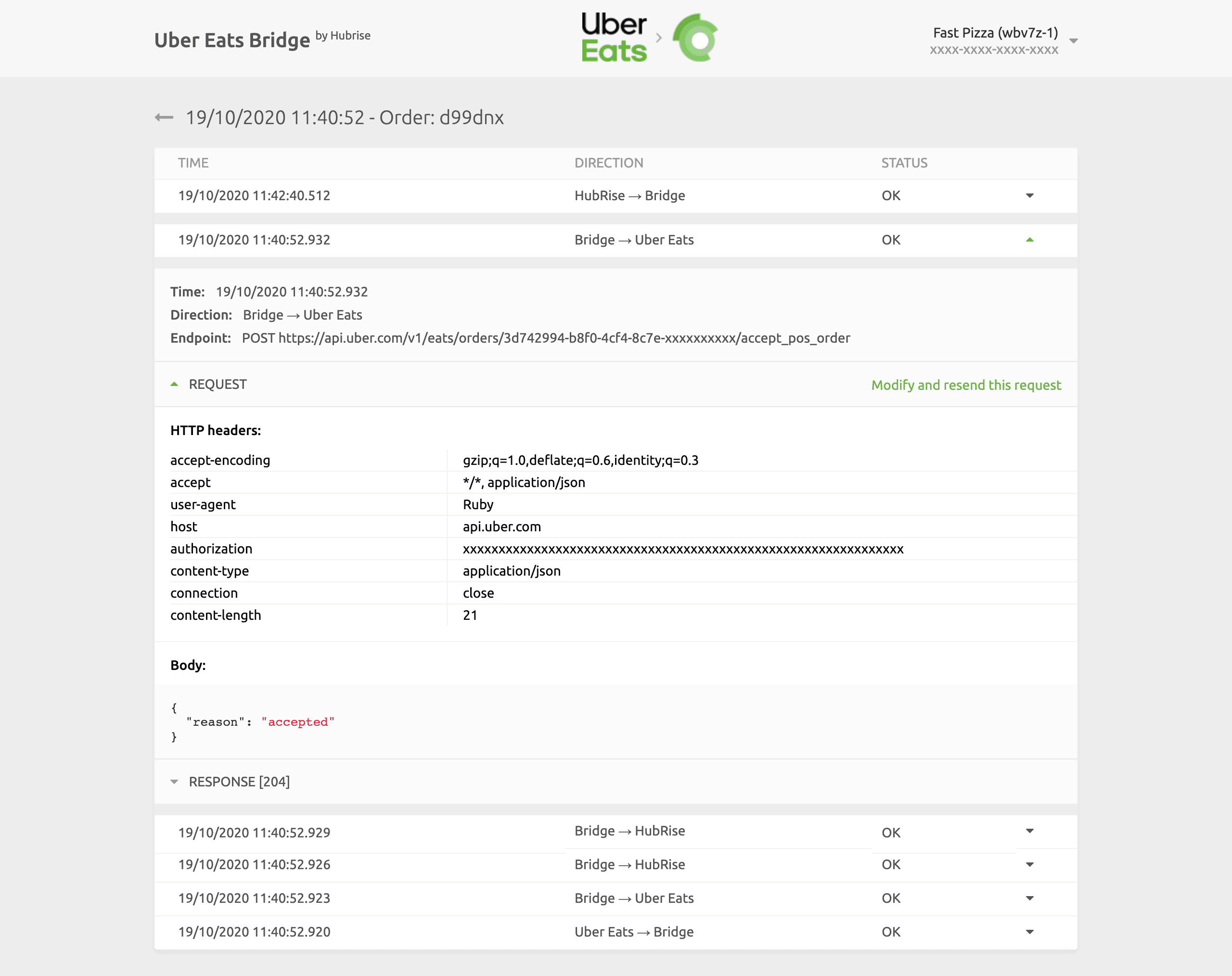 Order logs page on Uber Eats Bridge