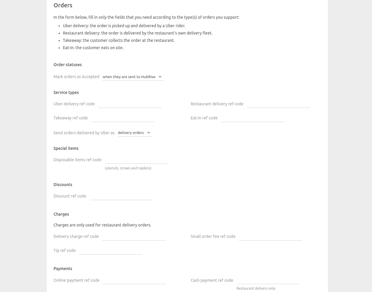Uber Eats Bridge configuration page, Orders section