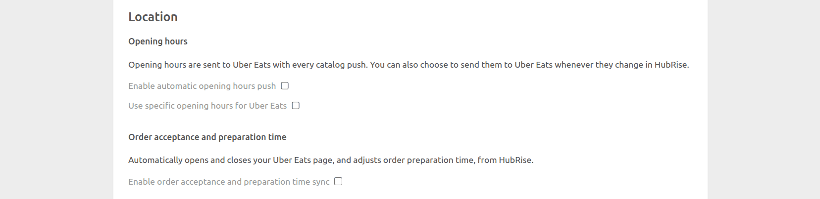 Uber Eats Bridge configuration page, Location section