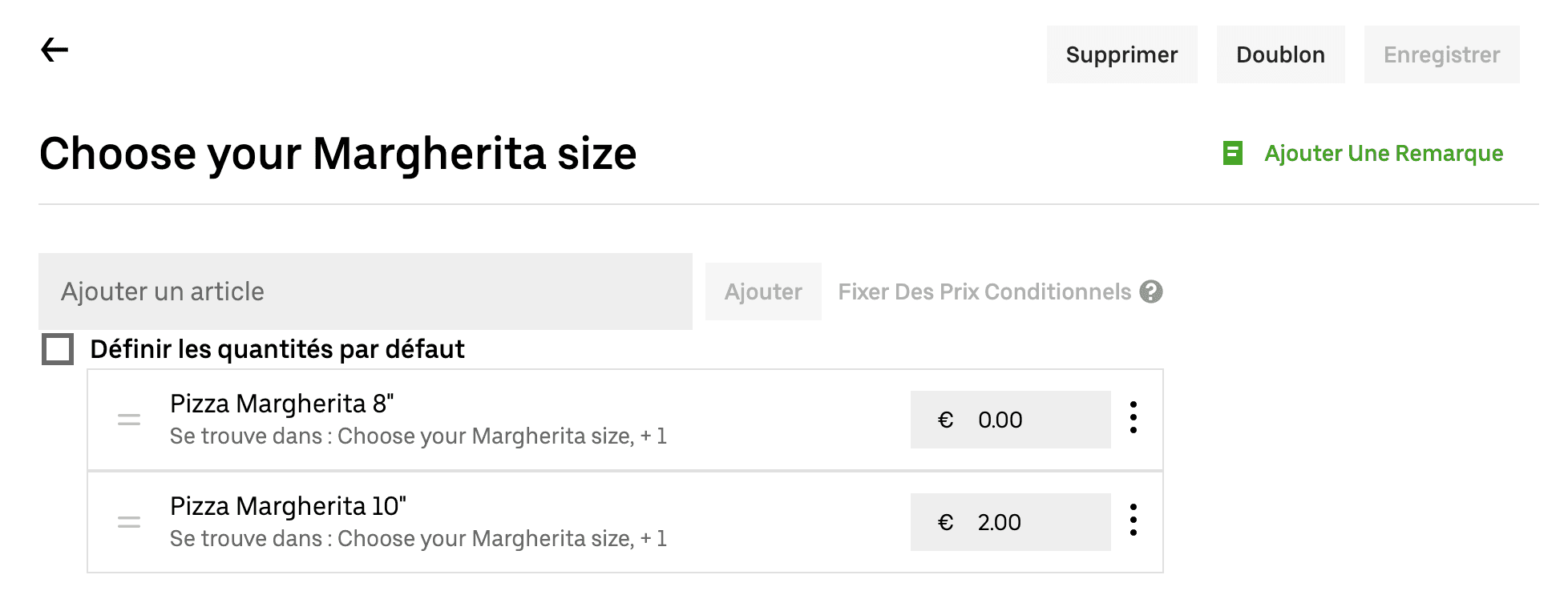Nom du groupe de modificateurs et SKU