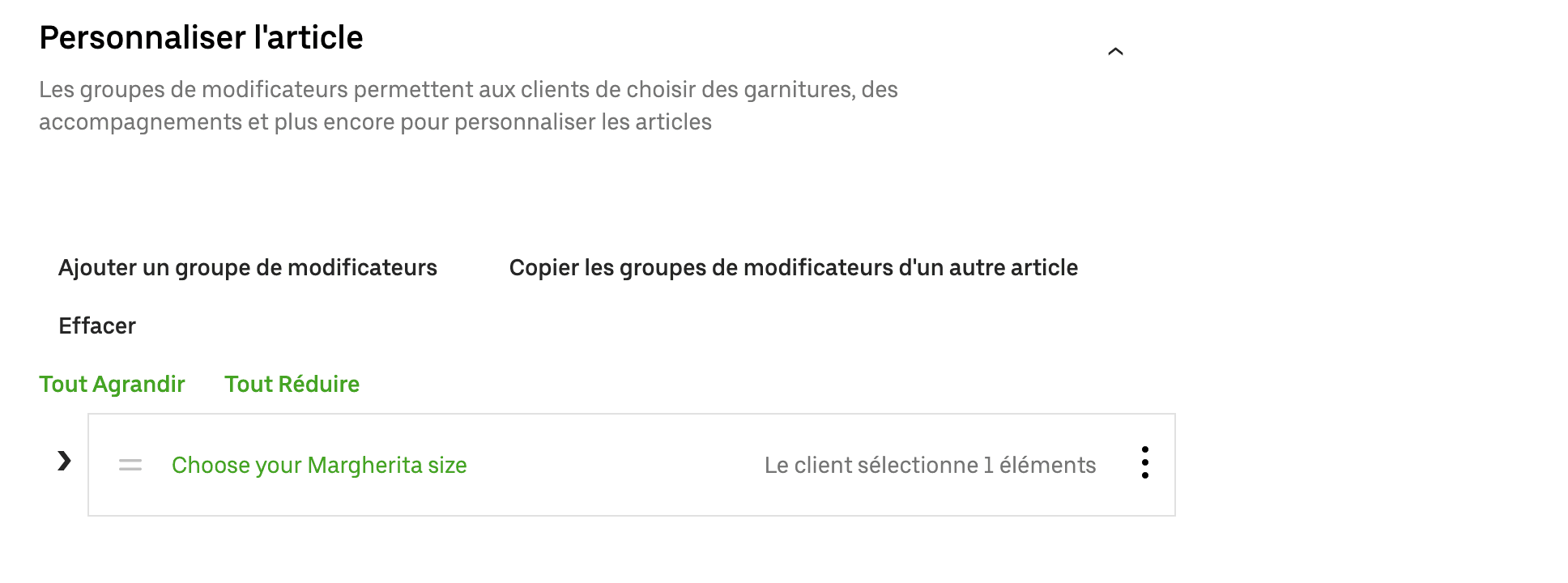 Personnalisation du produit principal