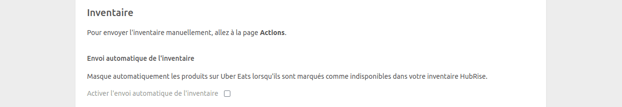 Page de configuration Uber Eats Bridge, section Inventaire