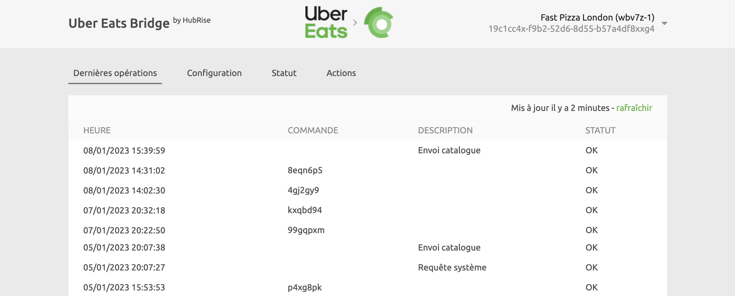 Page des opérations d'Uber Eats Bridge développée par HubRise