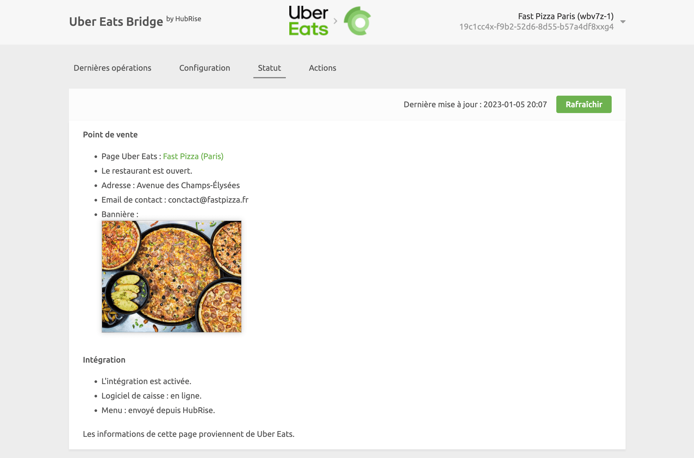 Page Statut sur Uber Eats Bridge