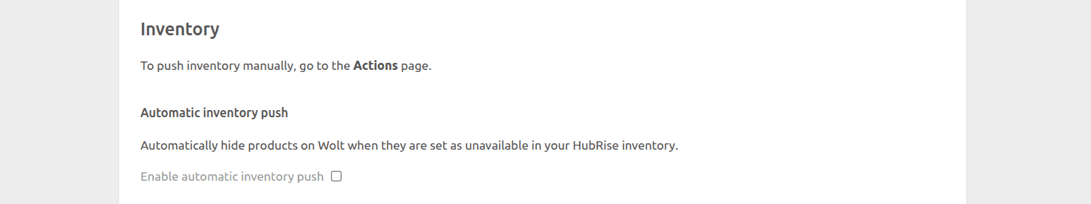 Wolt Bridge configuration page, Inventory section