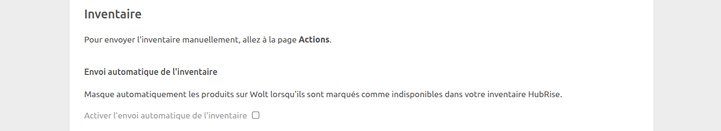 Page de configuration Wolt Bridge, section Inventaire