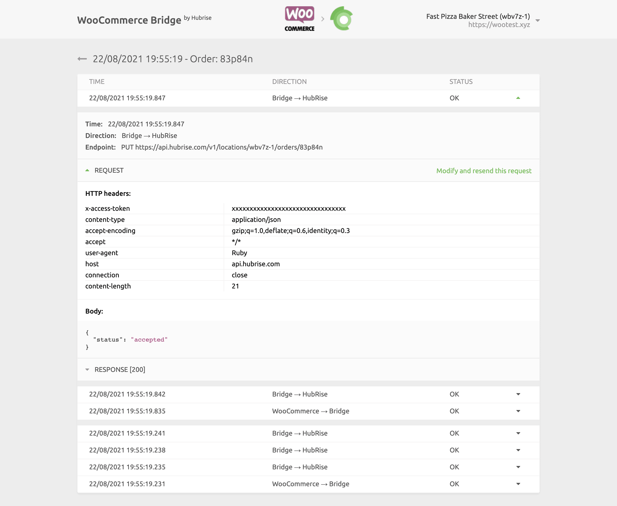 Order logs page on WooCommerce Bridge