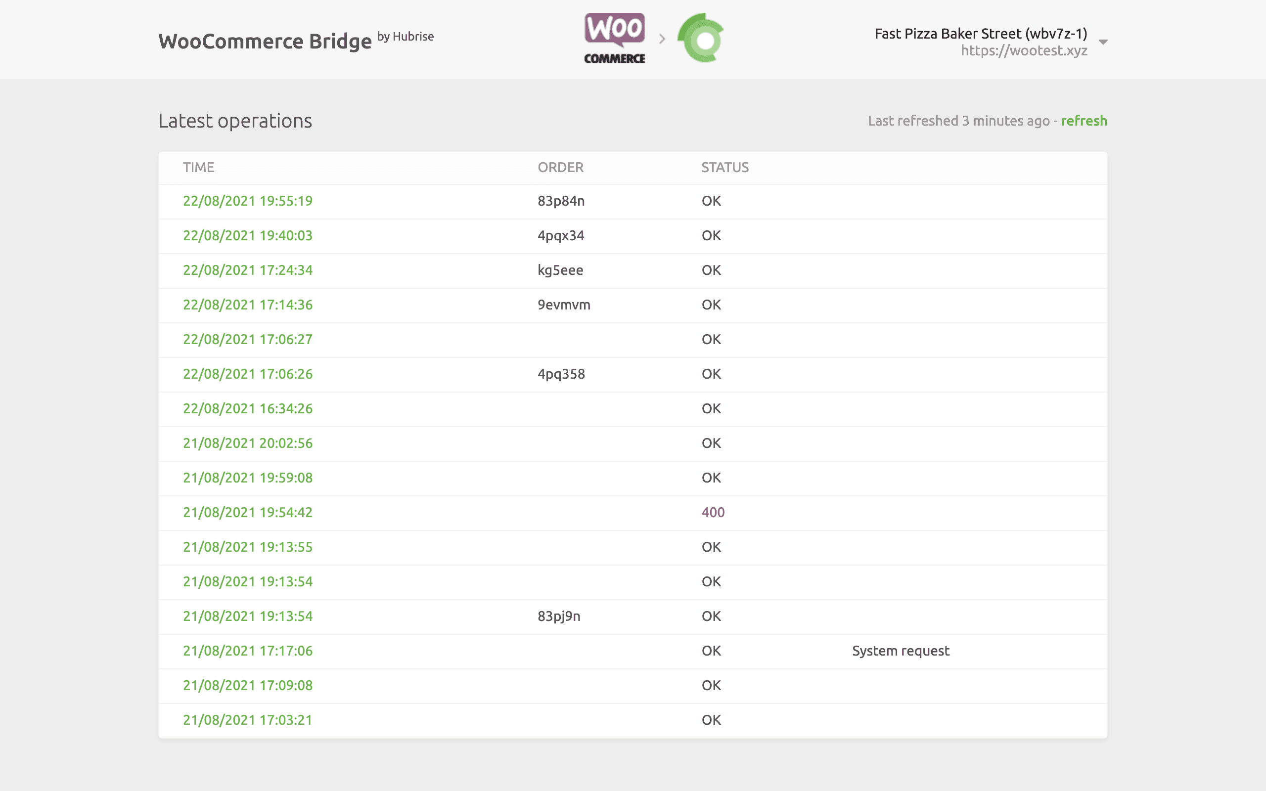 Operations page of WooCommerce Bridge developed by HubRise