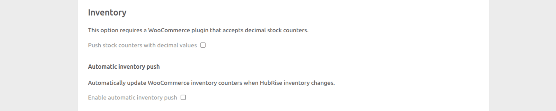 WooCommerce Bridge configuration page, inventory