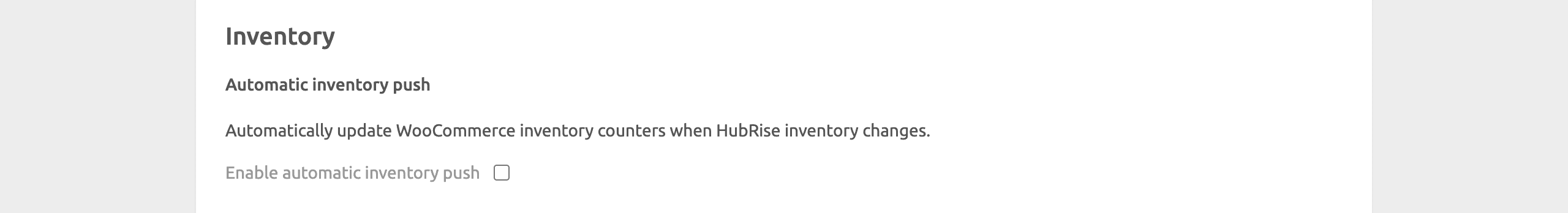 WooCommerce Bridge configuration page, inventory