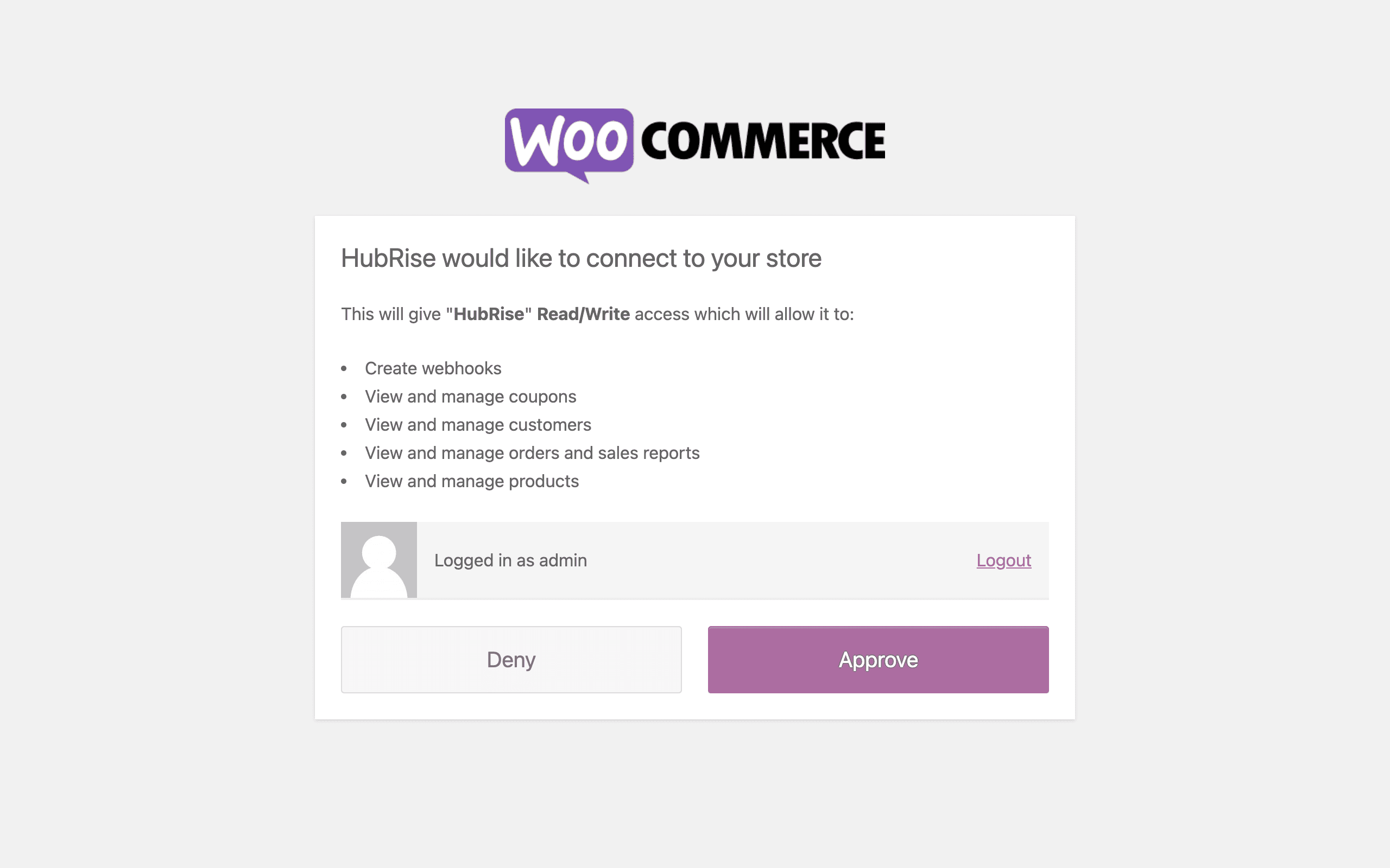 WooCommerce authorisation page
