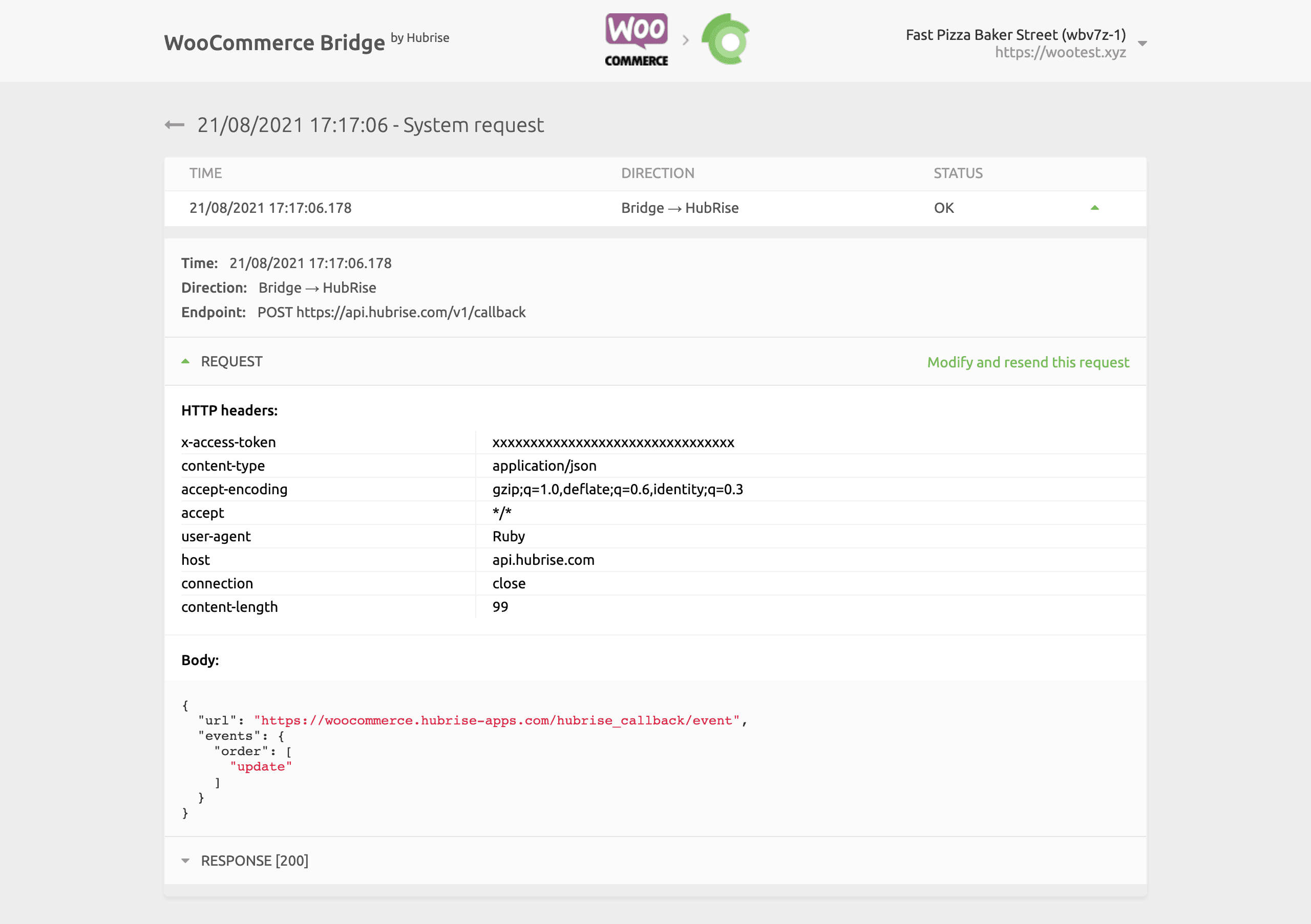System request page on WooCommerce Bridge