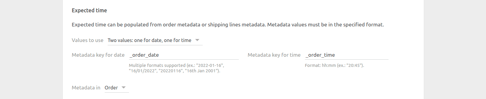 WooCommerce Bridge configuration page, expected time