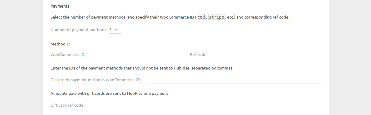 WooCommerce Bridge configuration page, payments