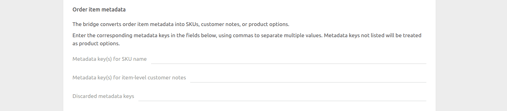 WooCommerce Bridge configuration page, item metadata