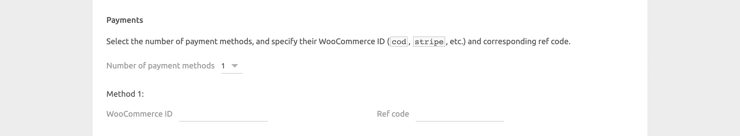 WooCommerce Bridge configuration page, payments