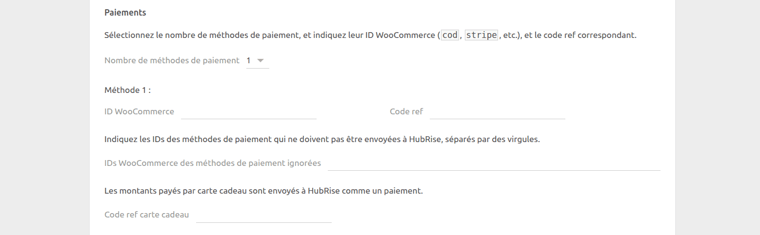 Page de configuration de WooCommerce Bridge, paiements
