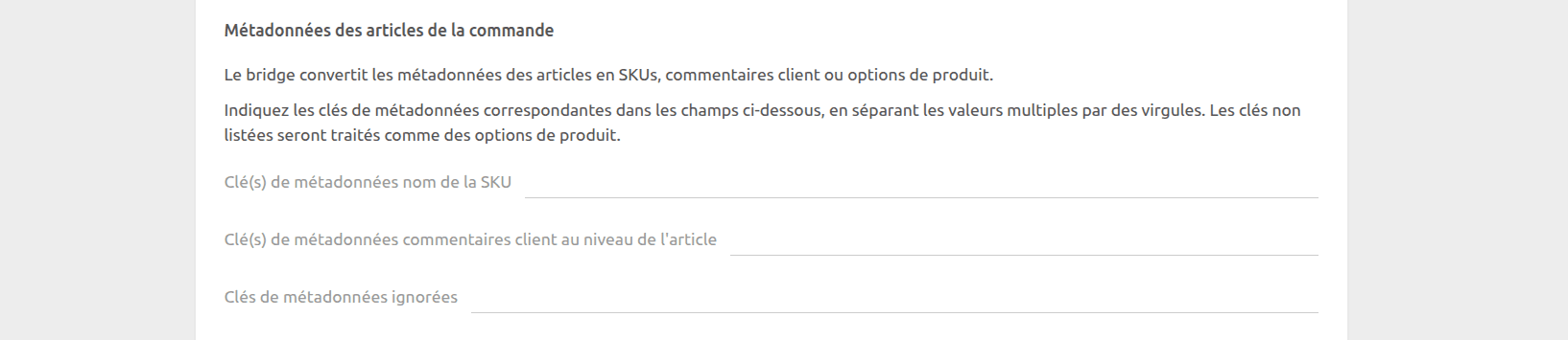 Page de configuration de WooCommerce Bridge, métadonnées d'articles