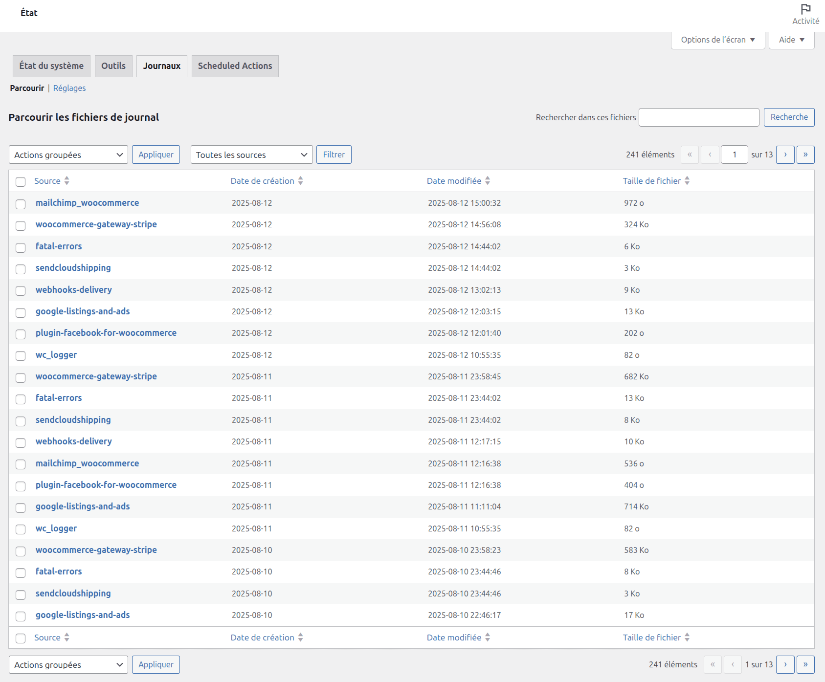 Interface de navigation des journaux WooCommerce