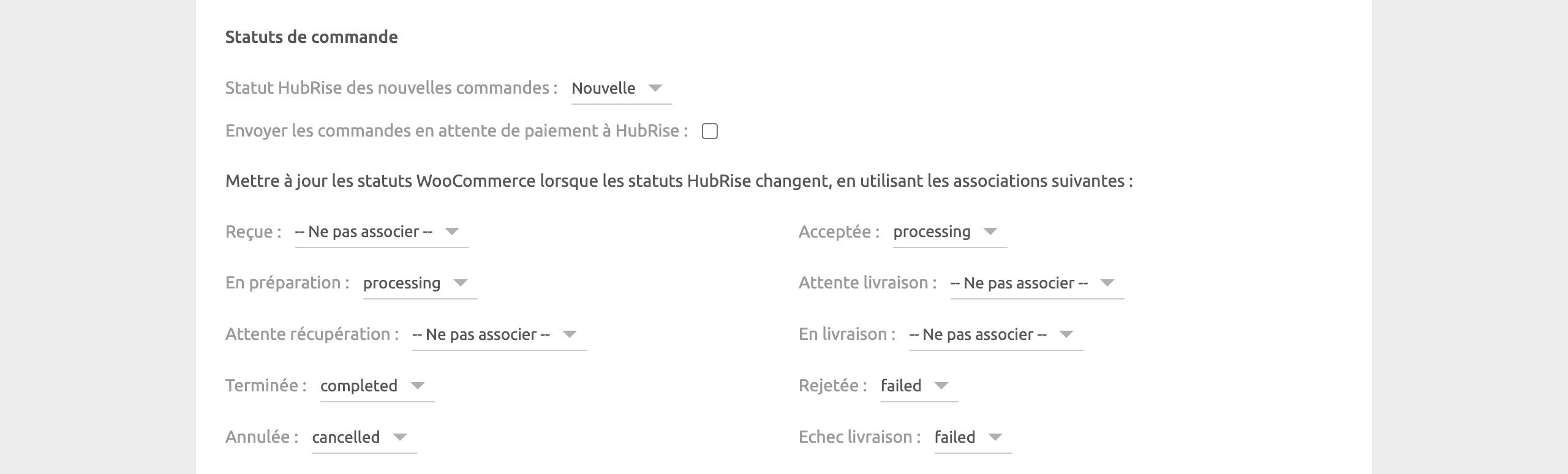 Page de configuration de WooCommerce Bridge, statuts de commande