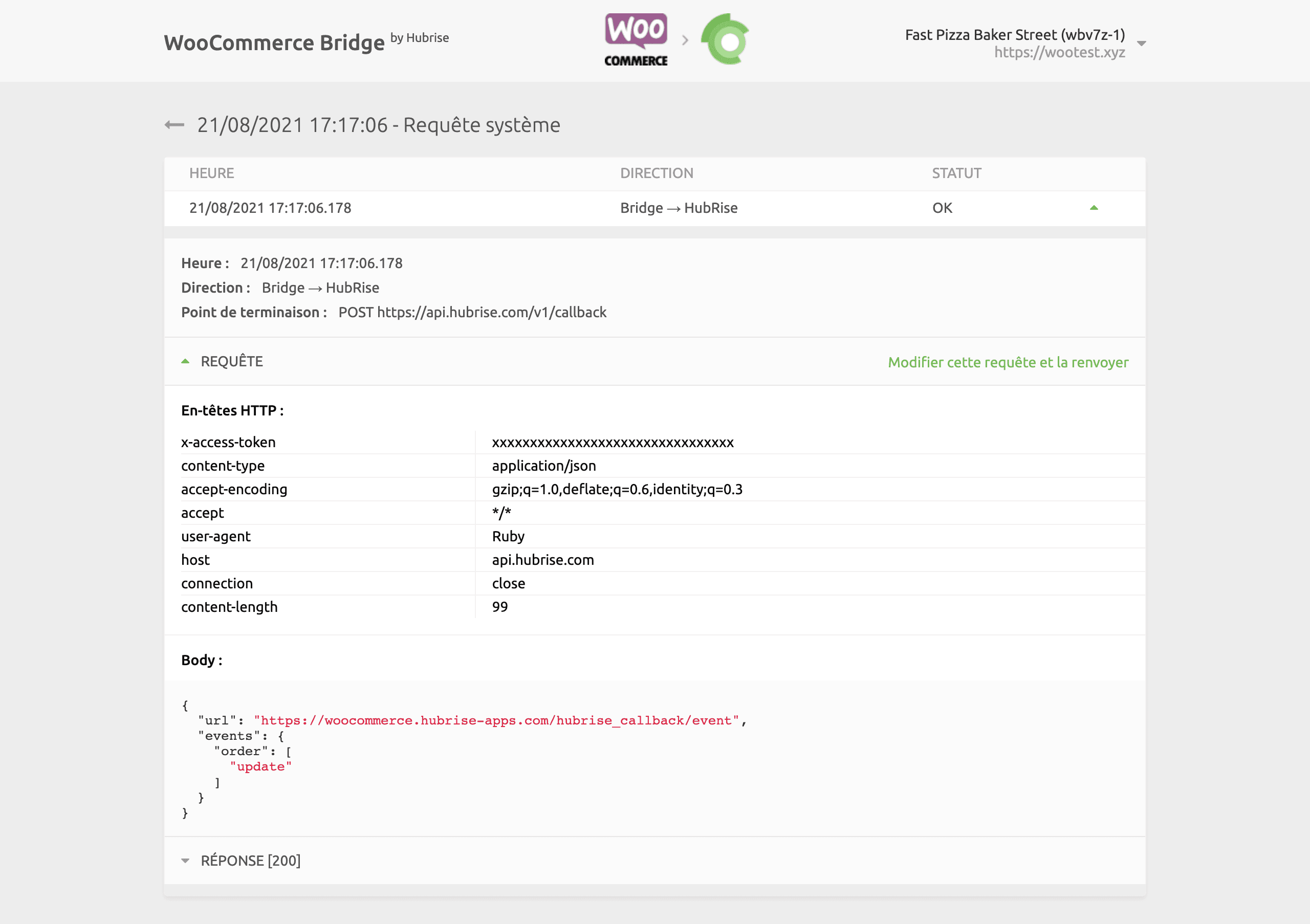 Page de requête système sur WooCommerce Bridge