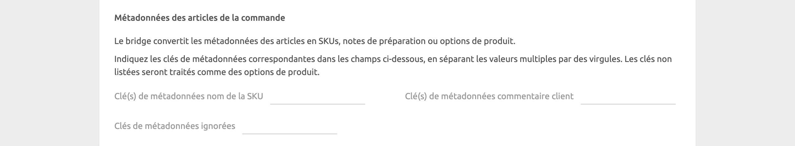 Page de configuration de WooCommerce Bridge, métadonnées d'articles