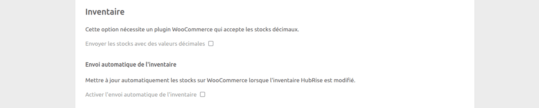 Page de configuration de WooCommerce Bridge, inventaire