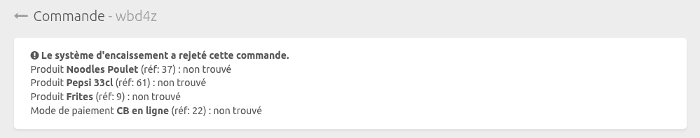 Message d'erreur pour une commande rejetée dans HubRise