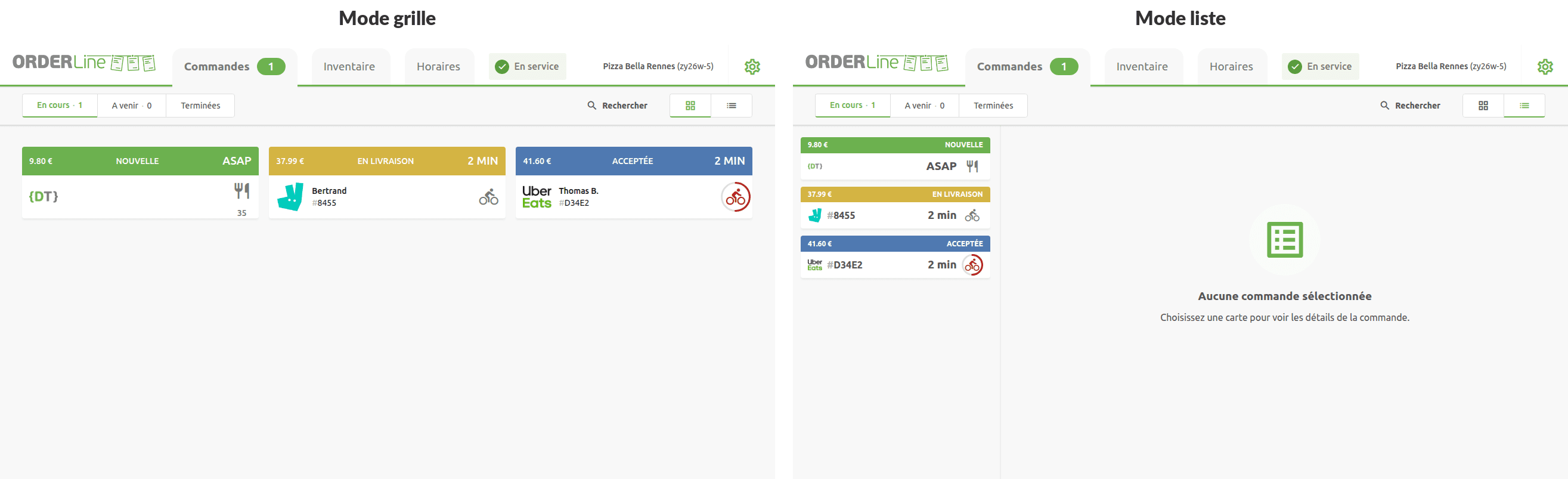 Comparaison entre les modes Grille et Liste dans OrderLine