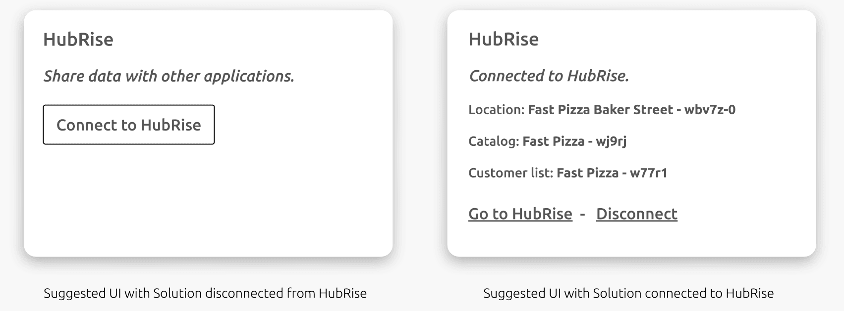 UI wireframes for the back office of a Solution not connected (left) and connected (right) to HubRise